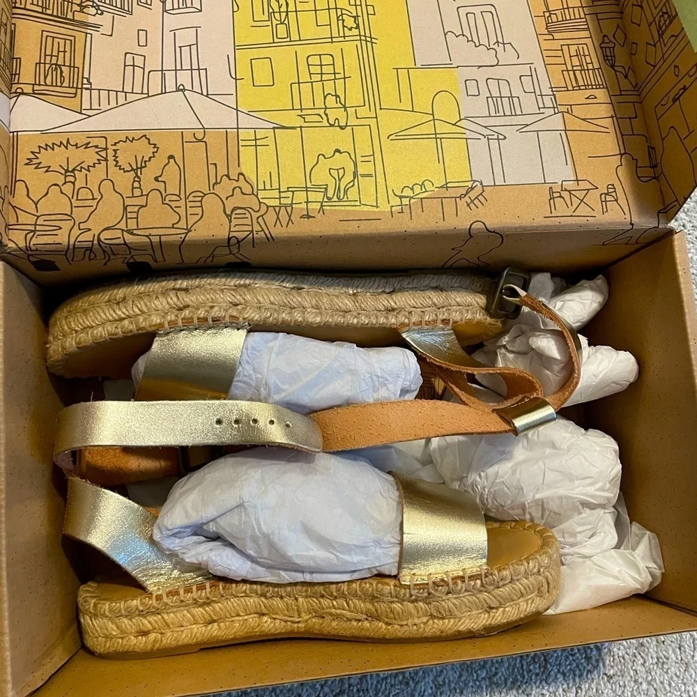 SOLUTOS Cadiz Leather Gold Espadrilles platform ankle Sandals size 6